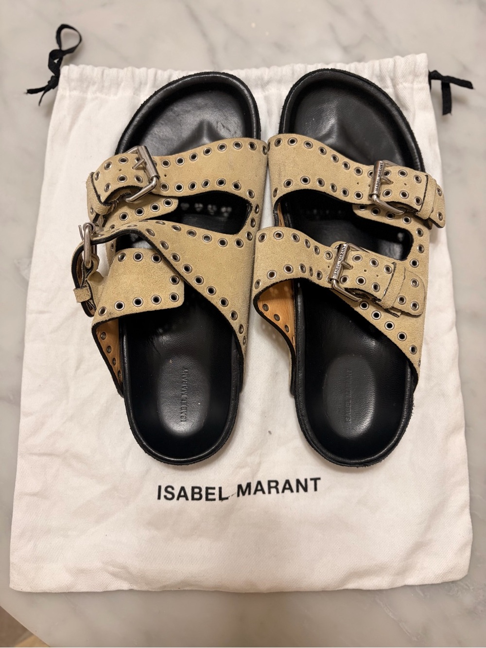 Isabel Marant Beige Studded Double-Buckle Slide Sandals 37